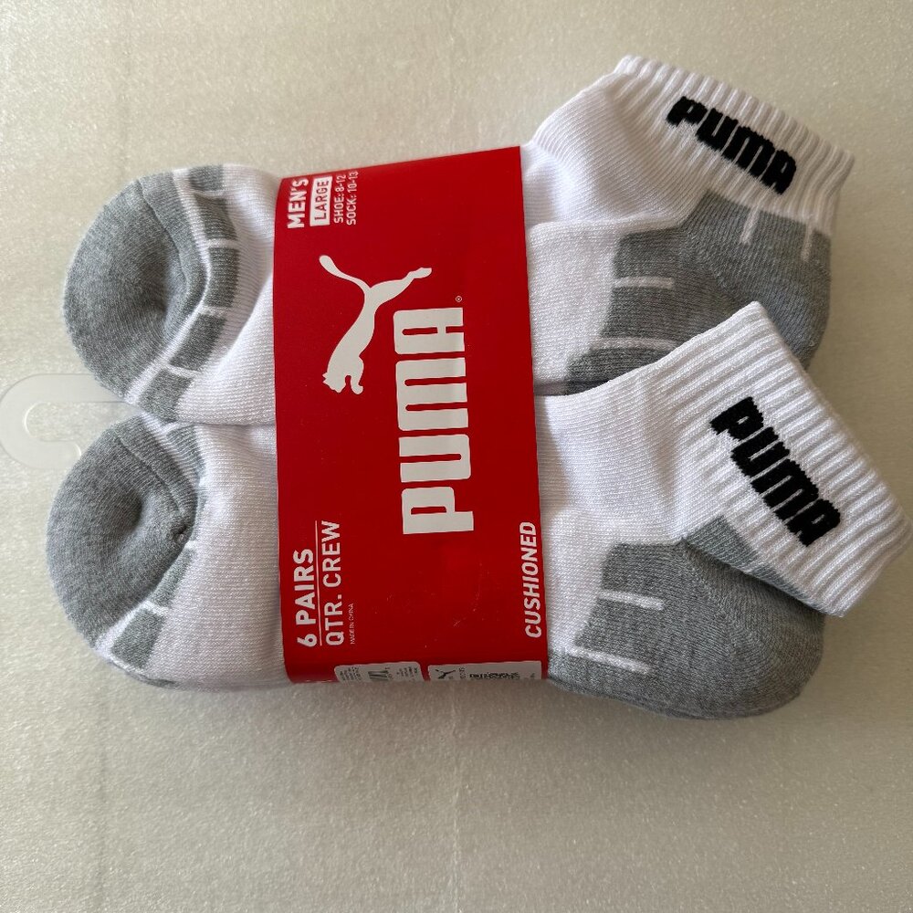 PUMA Mens  6 Pack Quarter Crew Socks White/Grey/Black Detail